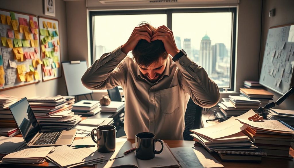 A bustling office scene, with a desk cluttered with papers, a laptop, and a mug of coffee. In the foreground, a frustrated employee grips their head, surrounded by scattered to-do lists and overflowing inboxes. The middle ground features a wall covered in colorful sticky notes, a whiteboard with hastily scribbled schedules, and a tangled web of cords. In the background, a window overlooking a cityscape, hinting at the distractions and demands of the outside world. Warm, directional lighting casts dramatic shadows, creating a sense of tension and overwhelm. This image captures the productivity challenges faced by modern professionals, setting the stage for the "HabitTube: Join Effective Group Habit Challenges to Transform Your Life" article's "Productivity & Organization Challenges" section.
