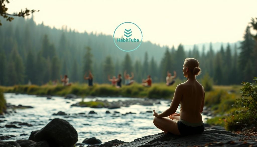 A serene and tranquil landscape, with a gentle stream winding through a lush forest. In the foreground, a person sits cross-legged in a meditative pose, their eyes closed, surrounded by an aura of calm and inner peace. The middle ground features a group of people engaged in various mindfulness activities, such as yoga, tai chi, or breathwork, all with a sense of unity and community. In the background, a HabitTube logo is subtly visible, symbolizing the platform's role in fostering mental and emotional wellness challenges. The scene is illuminated by warm, diffused lighting, creating a soothing and therapeutic atmosphere.