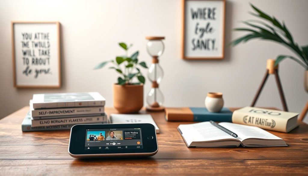 A serene, well-lit studio setting with an assortment of personal growth tools artfully arranged on a minimalist wooden table. In the foreground, a sleek HabitTube device, its screen displaying a vibrant interface. Surrounding it, a collection of self-improvement books, a journal, a meditation cushion, and motivational wall art. The middle ground features a potted plant and a decorative hourglass, symbolizing the journey of personal transformation. The background is softly blurred, creating a sense of focus and tranquility. The overall atmosphere conveys a sense of intentionality, introspection, and a commitment to self-betterment. A serene, well-lit studio setting with an assortment of personal growth tools artfully arranged on a minimalist wooden table. In the foreground, a sleek HabitTube device, its screen displaying a vibrant interface. Surrounding it, a collection of self-improvement books, a journal, a meditation cushion, and motivational wall art. The middle ground features a potted plant and a decorative hourglass, symbolizing the journey of personal transformation. The background is softly blurred, creating a sense of focus and tranquility. The overall atmosphere conveys a sense of intentionality, introspection, and a commitment to self-betterment.