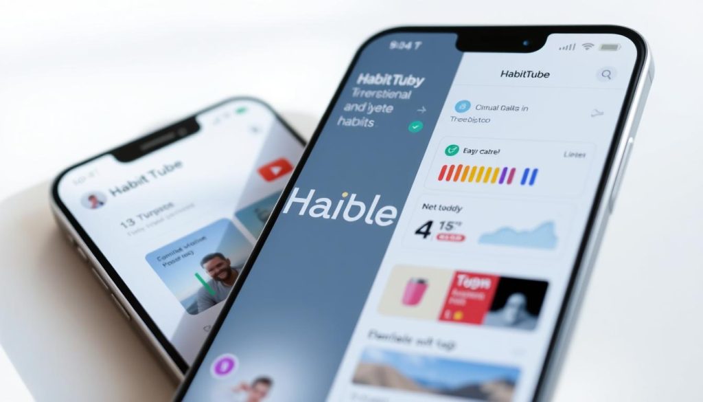 A sleek and modern habit tracking app interface, with the HabitTube brand logo prominently displayed. The app dashboard showcases a clean and intuitive layout, featuring colorful progress bars, customizable habit tiles, and an uncluttered design. The background is a soft gradient, creating a calming atmosphere. The lighting is natural and diffused, with subtle shadows accentuating the UI elements. The camera angle is slightly elevated, giving a comprehensive view of the app's key features. The overall mood is one of productivity, organization, and a sense of accomplishment in building and maintaining healthy habits.