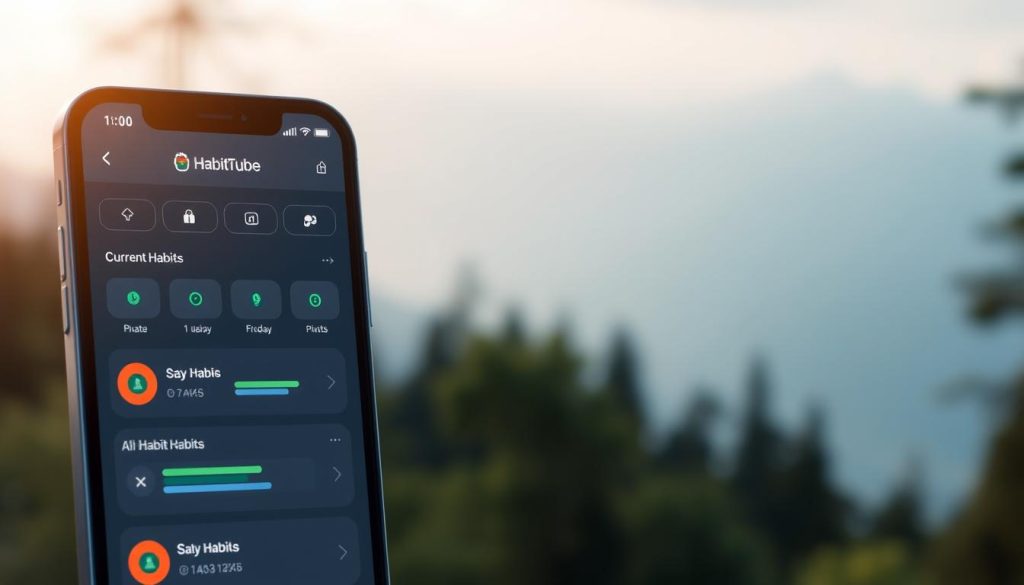 A sleek and modern habit tracking app interface, with the HabitTube logo prominently displayed. The app's home screen shows a clean, minimalist design with intuitive icons and seamless navigation. In the foreground, a user's current habits are neatly organized, with progress bars and completion stats. The middle ground features a calendar view, allowing the user to easily track their daily habits. The background showcases a serene nature scene, with soft lighting and a calming color palette, setting a relaxed and productive atmosphere. The entire scene conveys a sense of focus, organization, and the satisfaction of achieving personal goals through consistent habit building.