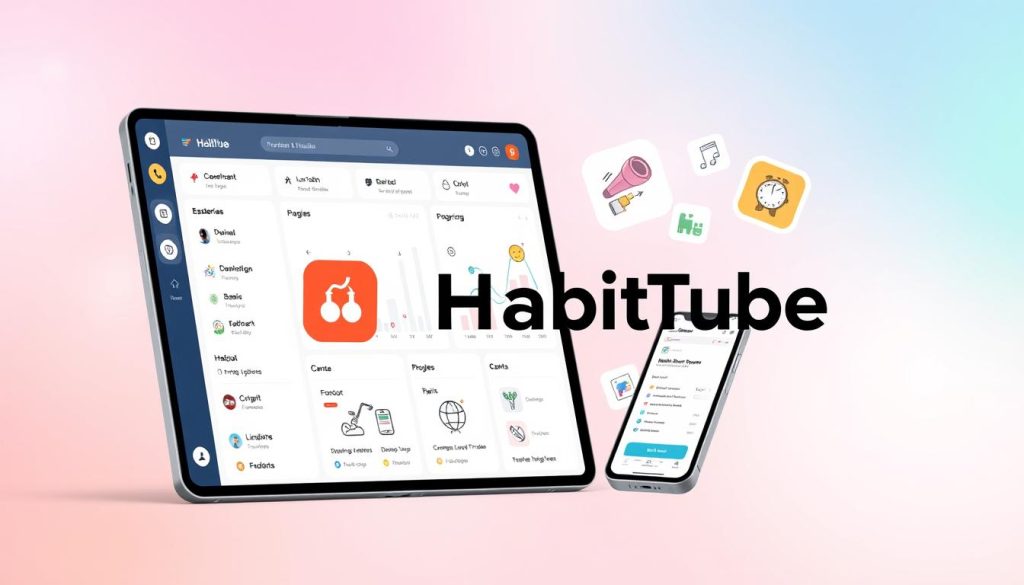 A stylized, visually appealing habit tracking app interface with the brand name "HabitTube" prominently displayed. The foreground features a clean, minimalist dashboard with intuitive tracking tools, progress charts, and customizable habit cards. The middle ground showcases a mobile device displaying the app in use, surrounded by productivity-themed icons and illustrations. The background has a soft, blurred gradient in complementary colors, creating a calming, focused atmosphere. The overall composition conveys an organized, user-friendly, and motivating experience for developing and maintaining healthy habits.