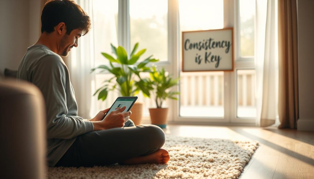 A vibrant and serene scene of a person maintaining their new habits, captured in a soft, warm light. In the foreground, a cozy living room with natural textures and tones, a person sitting cross-legged on a plush rug, focused on a HabitTube app on their tablet. In the middle ground, a lush indoor plant and a motivational wall decor piece that reads "Consistency is Key". The background features a large window, allowing natural daylight to flood the space, creating a sense of tranquility and mindfulness. The overall atmosphere is one of calm, productivity, and a commitment to personal growth. A vibrant and serene scene of a person maintaining their new habits, captured in a soft, warm light. In the foreground, a cozy living room with natural textures and tones, a person sitting cross-legged on a plush rug, focused on a HabitTube app on their tablet. In the middle ground, a lush indoor plant and a motivational wall decor piece that reads "Consistency is Key". The background features a large window, allowing natural daylight to flood the space, creating a sense of tranquility and mindfulness. The overall atmosphere is one of calm, productivity, and a commitment to personal growth.