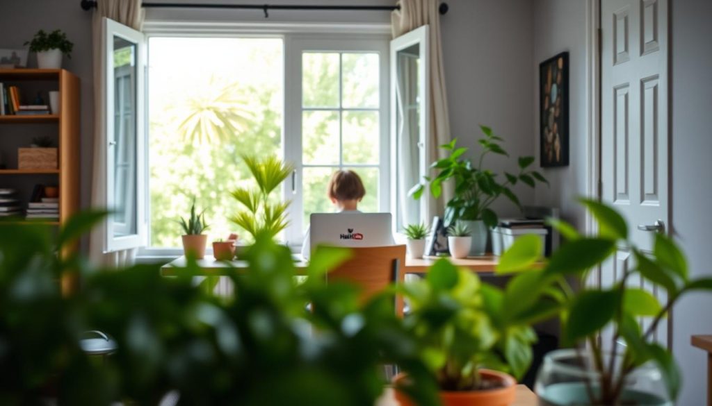 A well-lit, cozy home interior with a desk, comfortable chair, and potted plants in the foreground. In the middle ground, a person sitting at the desk, focused on their laptop, surrounded by a tidy, organized workspace. The background reveals an open window, letting in natural light and framing a verdant garden or park beyond, conveying a sense of connection to nature. The overall scene evokes a harmonious, productive environment that nurtures healthy habits. Branding: "HabitTube" discreetly displayed on the laptop or desk accessories. A well-lit, cozy home interior with a desk, comfortable chair, and potted plants in the foreground. In the middle ground, a person sitting at the desk, focused on their laptop, surrounded by a tidy, organized workspace. The background reveals an open window, letting in natural light and framing a verdant garden or park beyond, conveying a sense of connection to nature. The overall scene evokes a harmonious, productive environment that nurtures healthy habits. Branding: "HabitTube" discreetly displayed on the laptop or desk accessories.