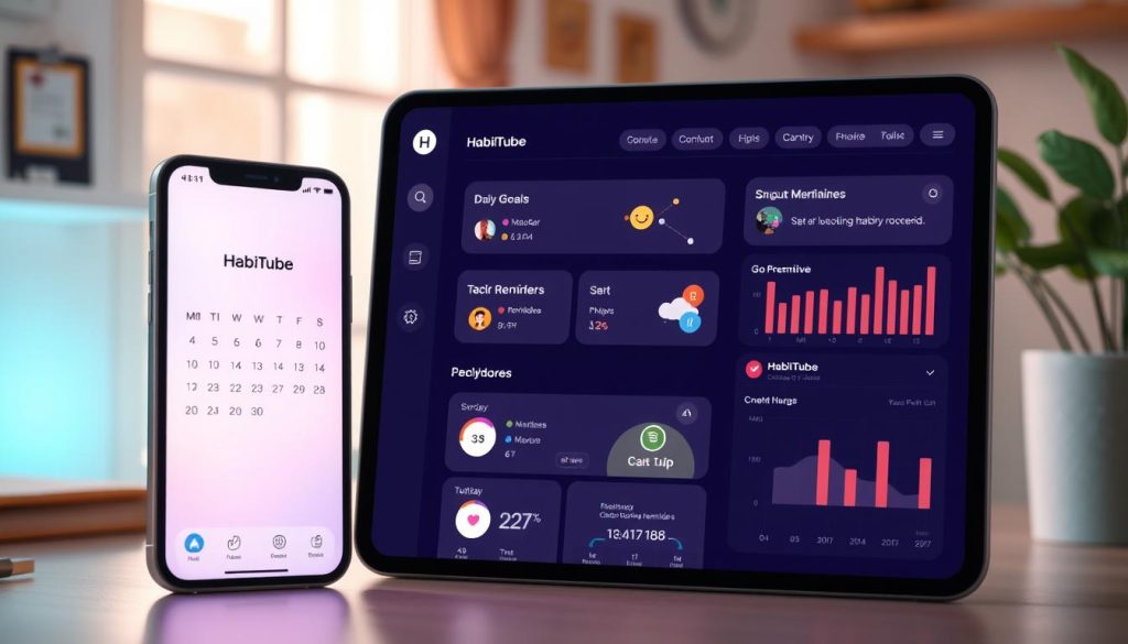 An elegant, minimalist habit tracking app interface with the "HabitTube" logo prominently displayed. A clean dashboard showcases customizable widgets for setting daily goals, tracking progress, and receiving motivational reminders. The foreground features a stylized mobile device with a glowing, interactive screen. The middle ground includes a simple calendar view and various charts and graphs. The background suggests a serene, pastel-toned workspace, illuminated by soft, natural lighting from a nearby window. The overall atmosphere conveys a sense of focus, productivity, and personal growth.