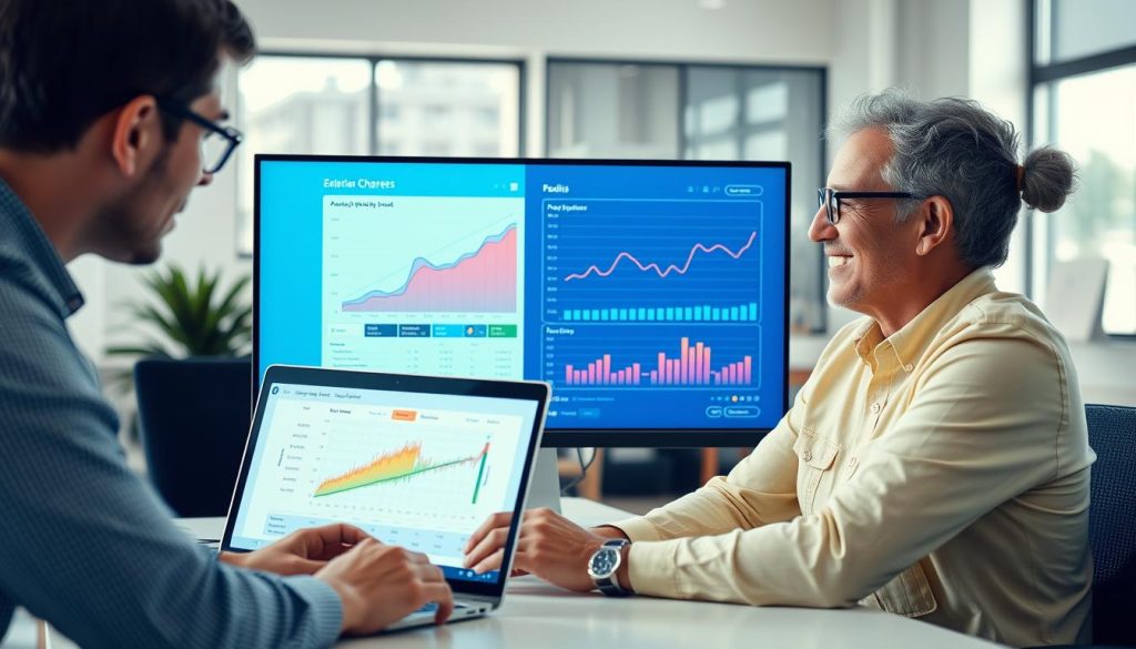 An image of a person working with a coach on a laptop, with a progress chart on the screen. An image of a person working with a coach on a laptop, with a progress chart on the screen.