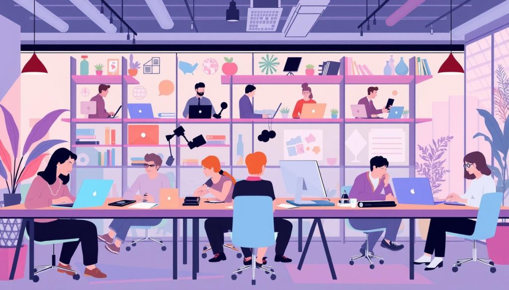 An image of a virtual coworking space with multiple participants working together on their laptops. An image of a virtual coworking space with multiple participants working together on their laptops.