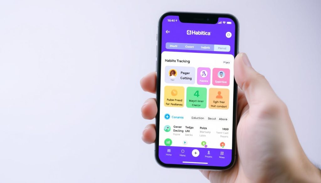 Generate an image of a mobile phone screen displaying Habitica's gamified habit tracking interface.