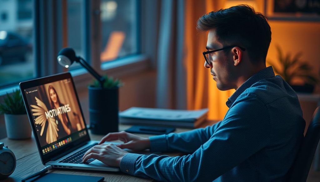 Generate an image of a person watching a motivational video on their laptop Generate an image of a person watching a motivational video on their laptop