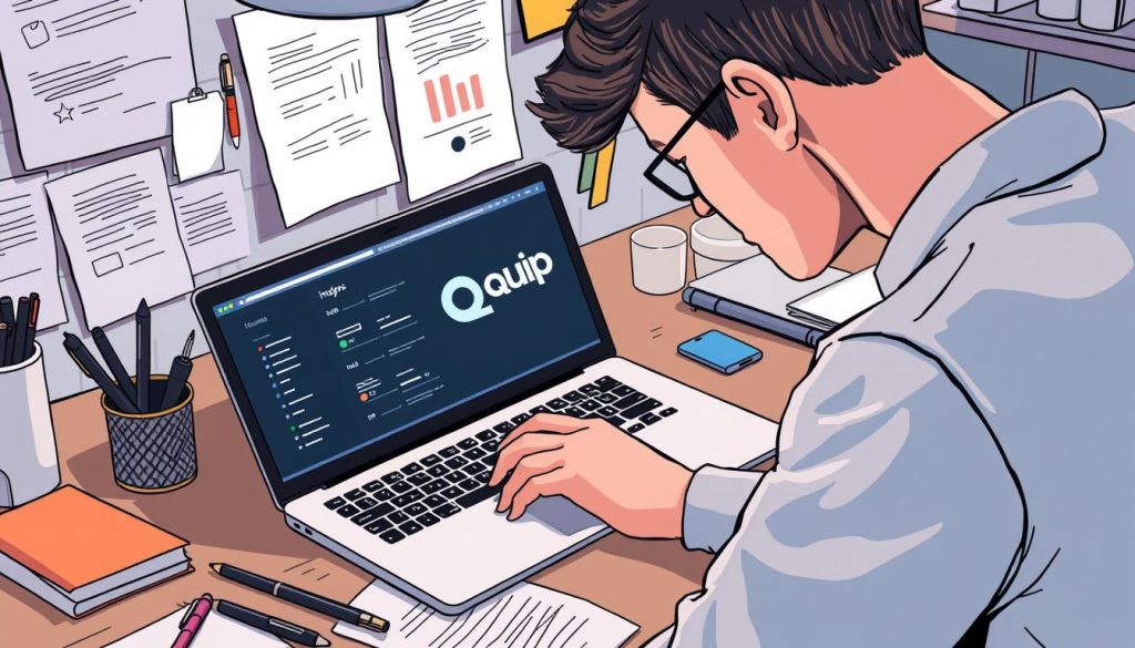 Generate an image of a person working on a laptop with Quip's interface on the screen, surrounded by notes and productivity tools. Generate an image of a person working on a laptop with Quip's interface on the screen, surrounded by notes and productivity tools.