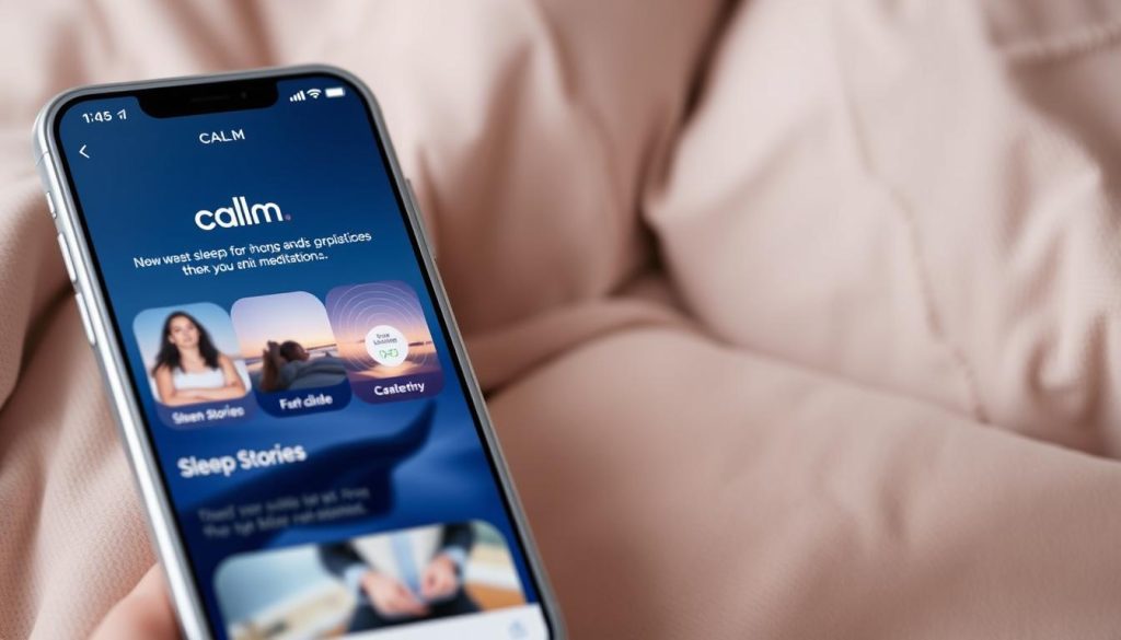 Generate an image of the Calm app interface, highlighting its sleep stories and meditation features. Generate an image of the Calm app interface, highlighting its sleep stories and meditation features.