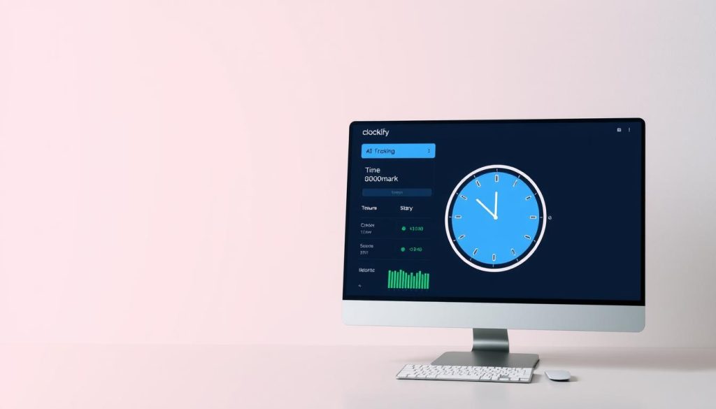 Generate an image of the Clockify app interface on a desktop screen, highlighting its time-tracking feature. Generate an image of the Clockify app interface on a desktop screen, highlighting its time-tracking feature.
