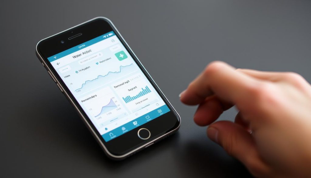 Generate an image of the Daily Water Tracker app on a smartphone, highlighting its hydration monitoring features.