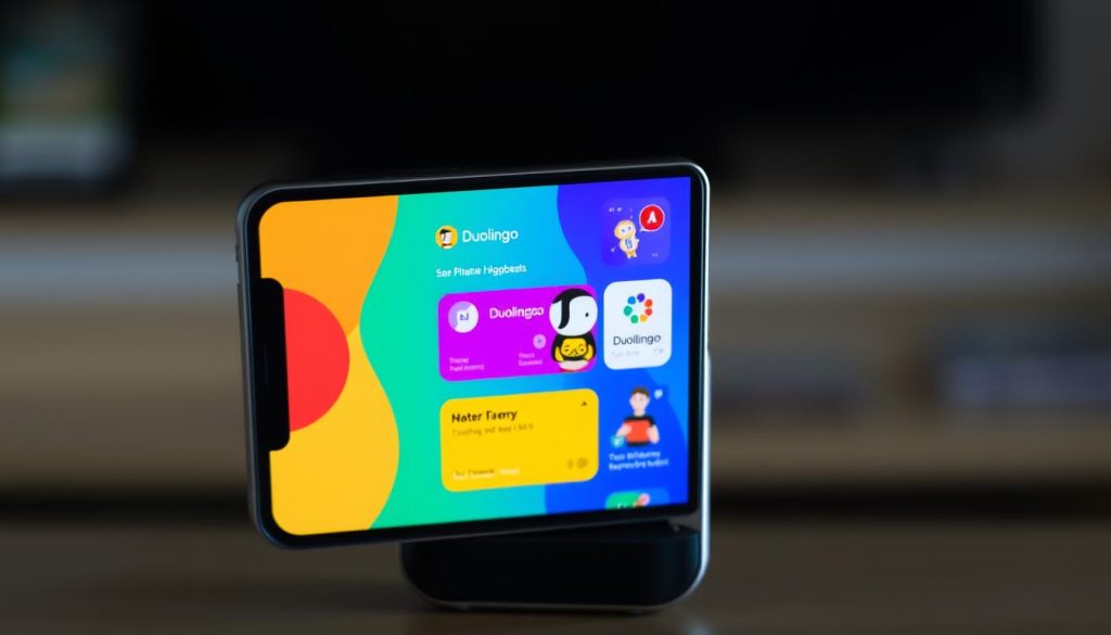 Generate an image of the Duolingo app interface on a mobile device. Generate an image of the Duolingo app interface on a mobile device.